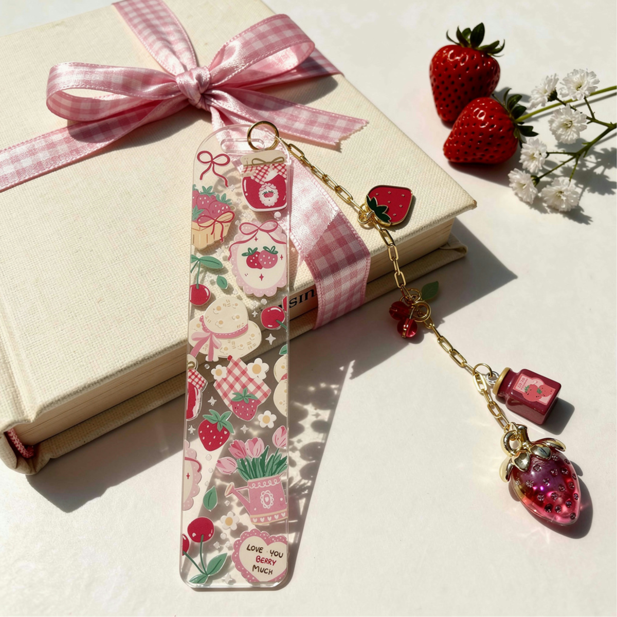 Strawberry Bookmark, Personalised Strawberry Bookmark with Charms, Cute Acrylic Bookmark, Kawaii Fruit Bookmark, Book Lover Gift, Coquette Gift