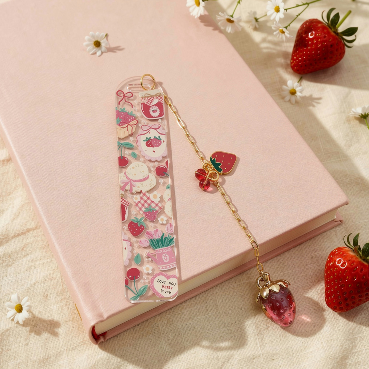 Strawberry Bookmark, Personalised Strawberry Bookmark with Charms, Cute Acrylic Bookmark, Kawaii Fruit Bookmark, Book Lover Gift, Coquette Gift