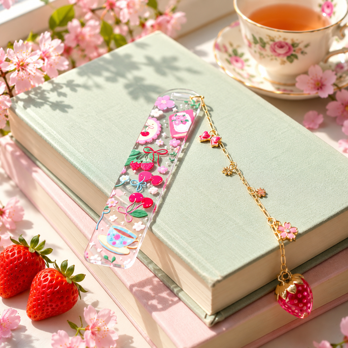 Strawberry Cherry Tea Lover Bookmark with Charms . Floral Tea Book Lover Gift . Tea Lover Bookmark