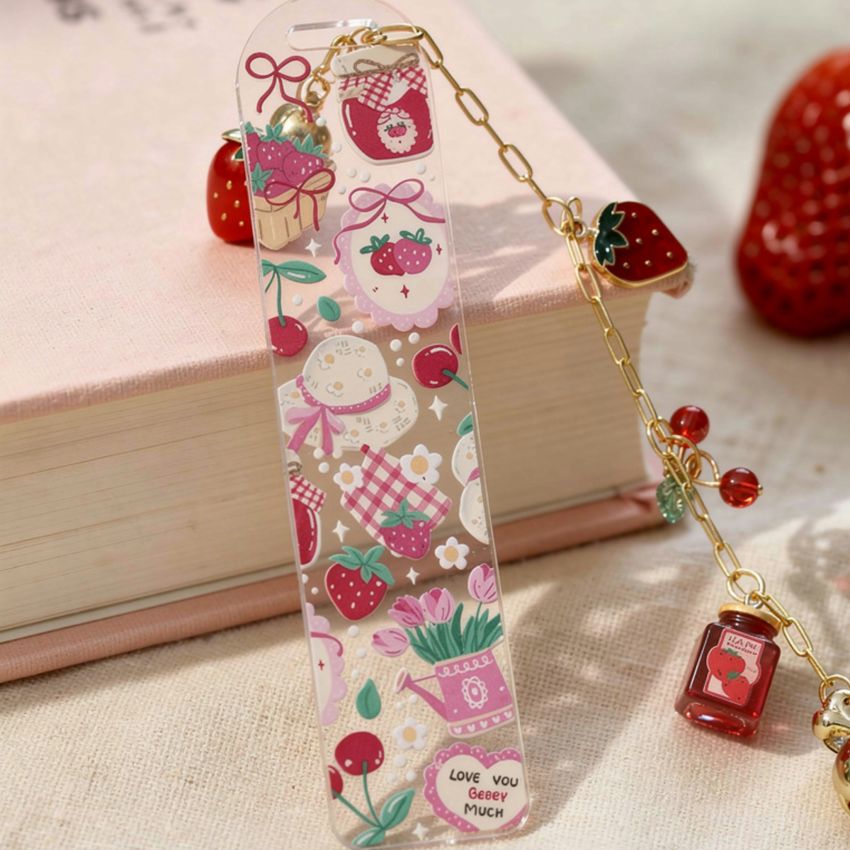 Strawberry Bookmark, Personalised Strawberry Bookmark with Charms, Cute Acrylic Bookmark, Kawaii Fruit Bookmark, Book Lover Gift, Coquette Gift