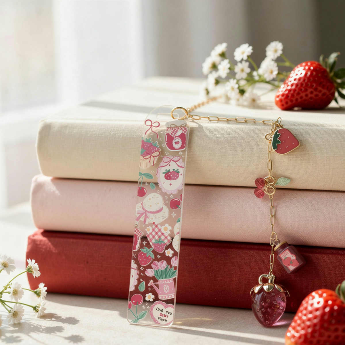 Strawberry Bookmark, Personalised Strawberry Bookmark with Charms, Cute Acrylic Bookmark, Kawaii Fruit Bookmark, Book Lover Gift, Coquette Gift