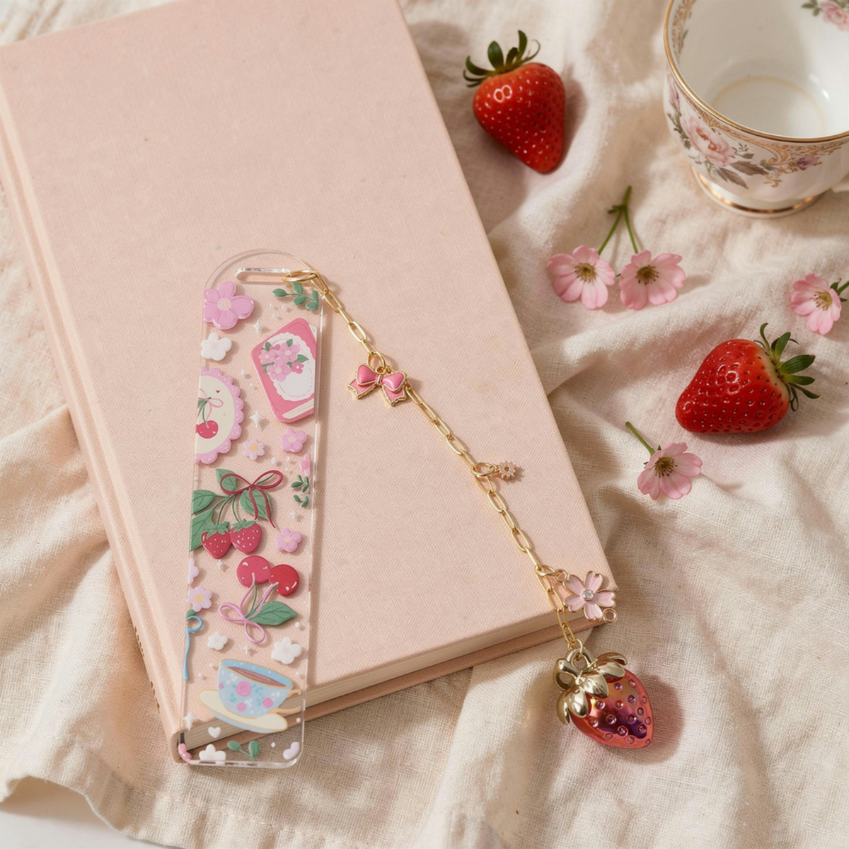 Strawberry Cherry Tea Lover Bookmark with Charms . Floral Tea Book Lover Gift . Tea Lover Bookmark