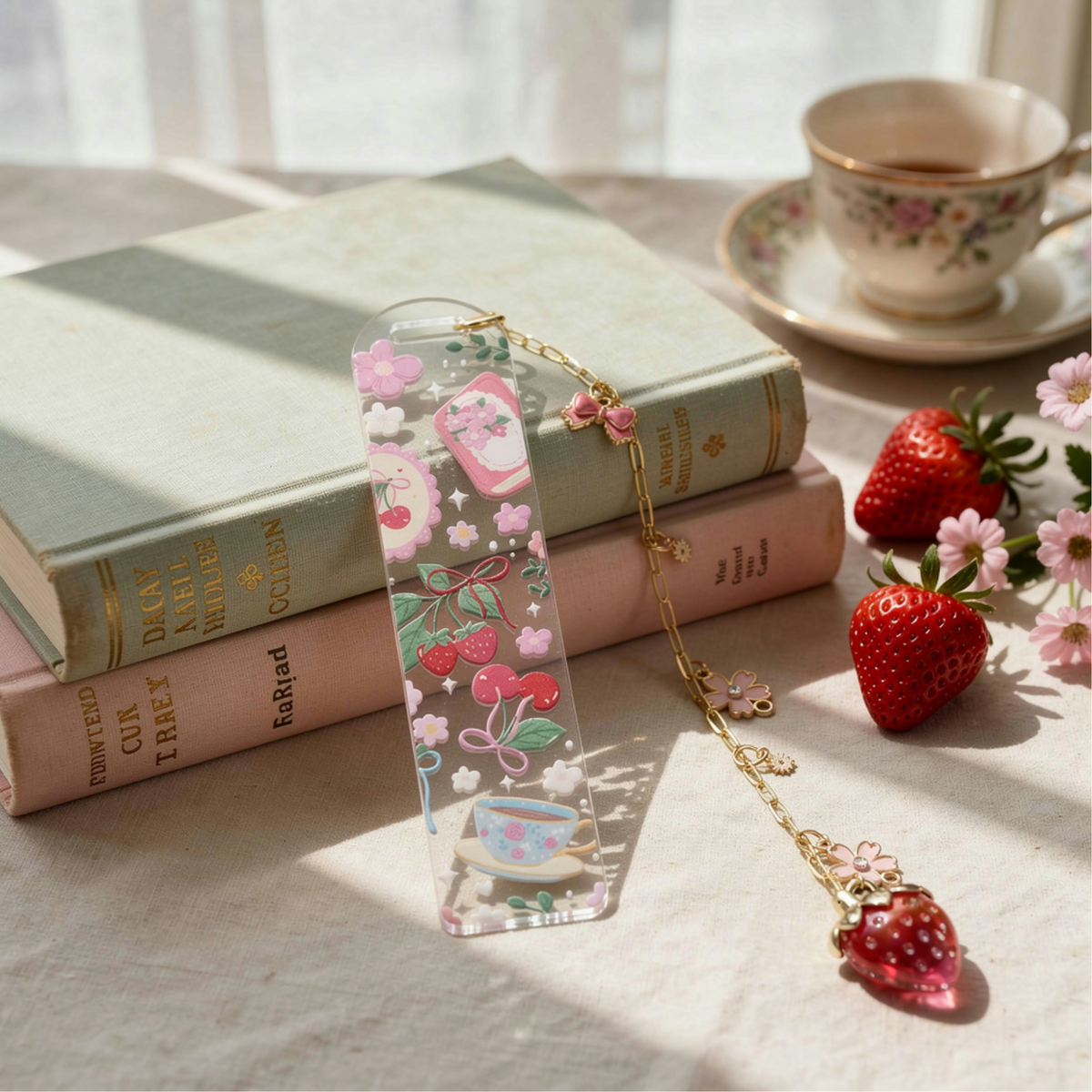 Strawberry Cherry Tea Lover Bookmark with Charms . Floral Tea Book Lover Gift . Tea Lover Bookmark