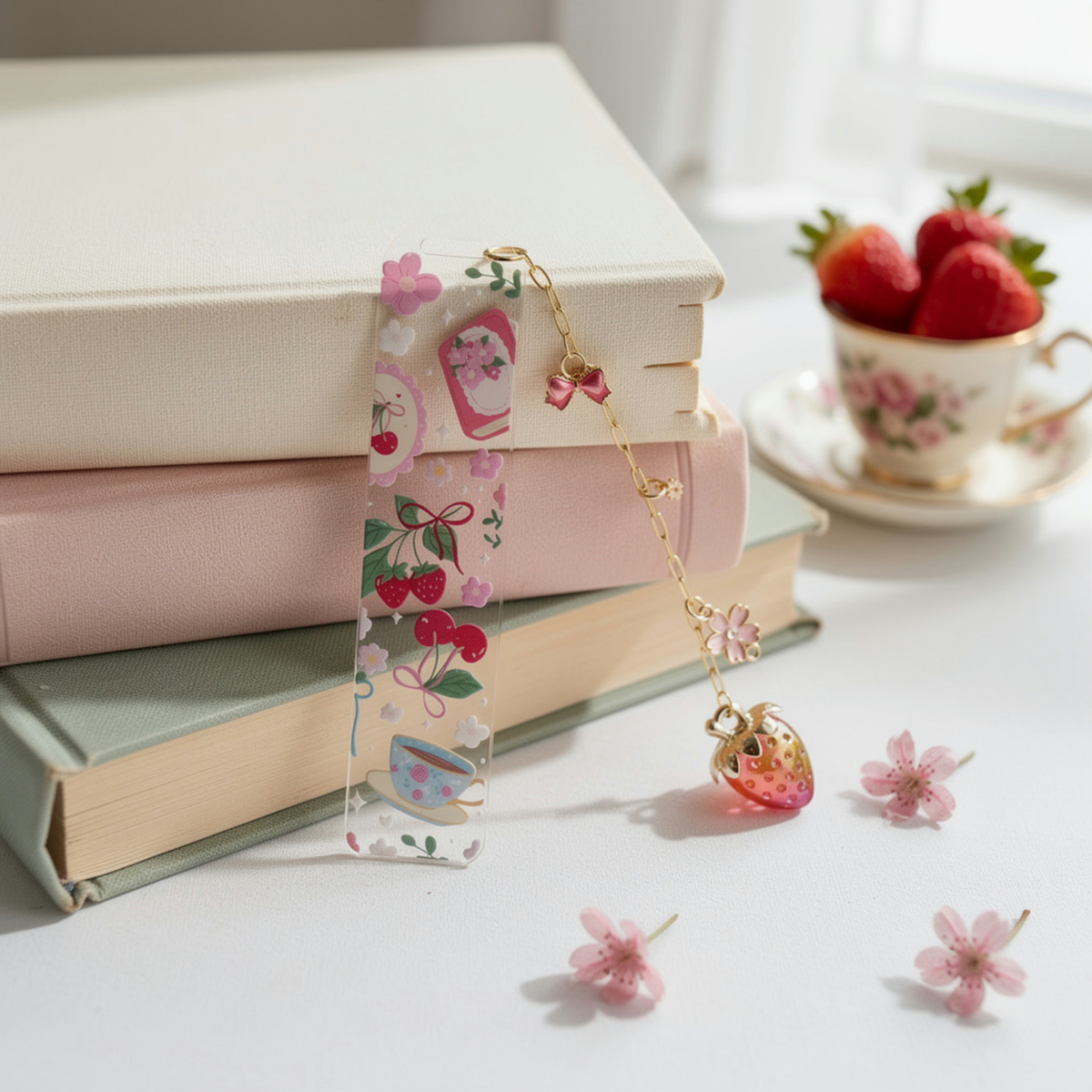 Strawberry Cherry Tea Lover Bookmark with Charms . Floral Tea Book Lover Gift . Tea Lover Bookmark