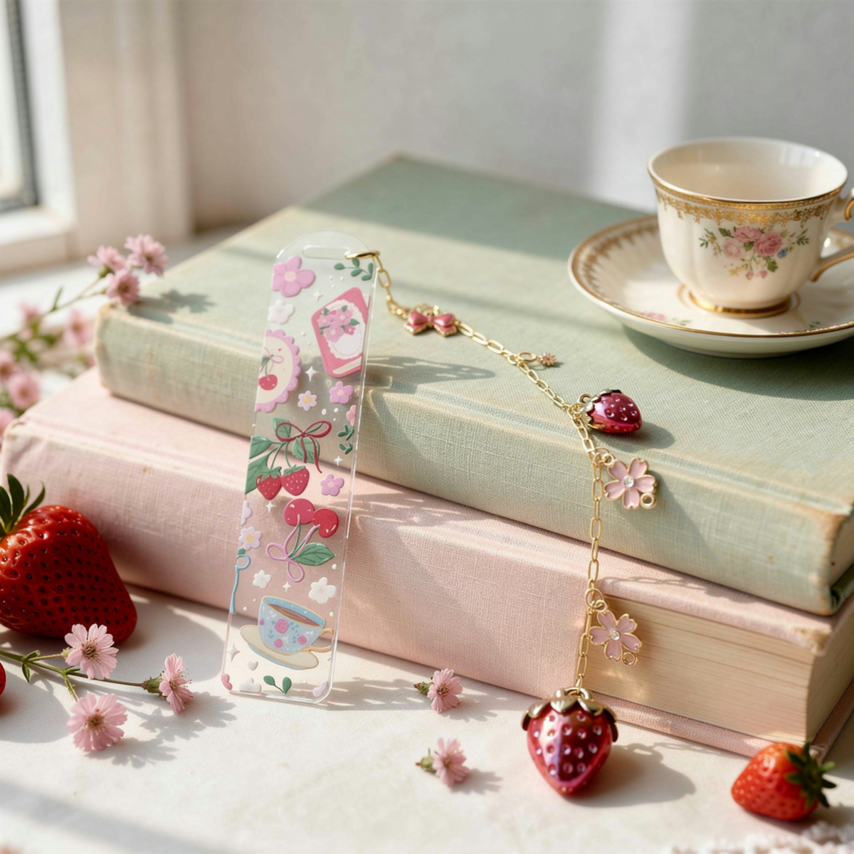 Strawberry Cherry Tea Lover Bookmark with Charms . Floral Tea Book Lover Gift . Tea Lover Bookmark