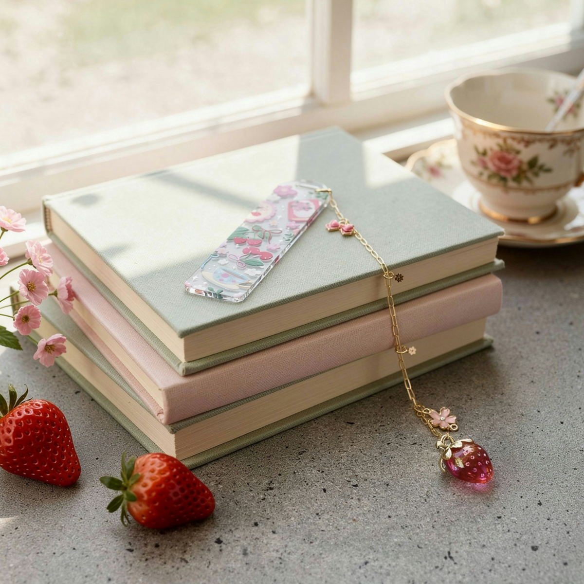 Strawberry Cherry Tea Lover Bookmark with Charms . Floral Tea Book Lover Gift . Tea Lover Bookmark