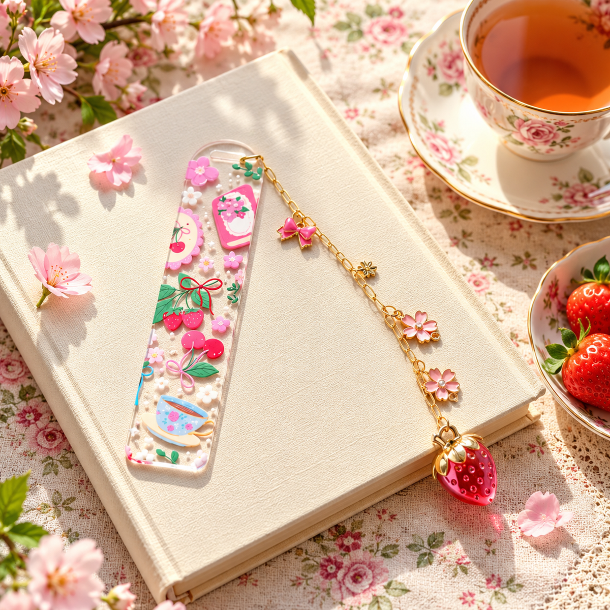 Strawberry Cherry Tea Lover Bookmark with Charms . Floral Tea Book Lover Gift . Tea Lover Bookmark