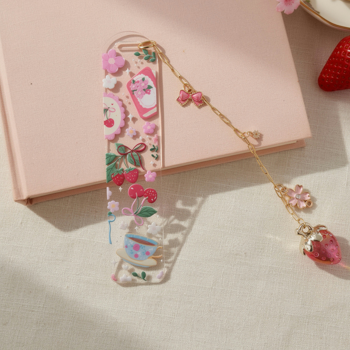 Strawberry & Cherry Tea Bookmark with Charms