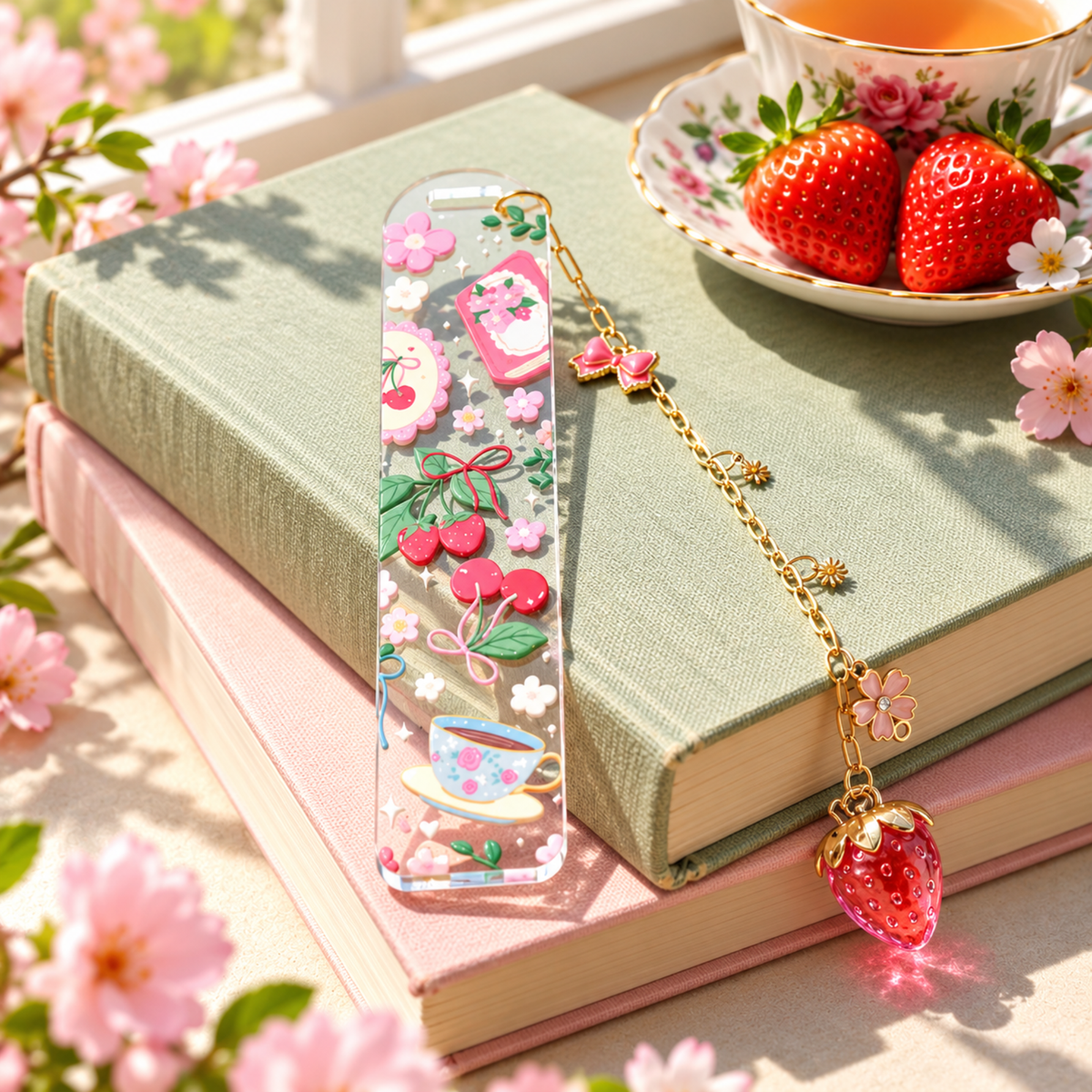Strawberry Cherry Tea Lover Bookmark with Charms . Floral Tea Book Lover Gift . Tea Lover Bookmark