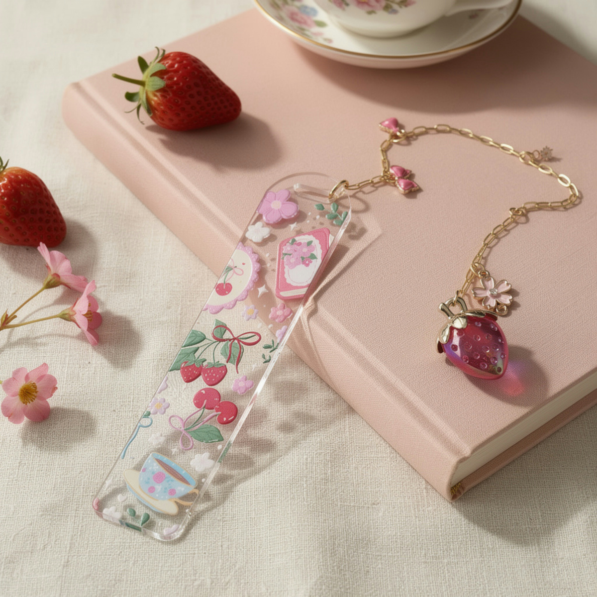 Strawberry Cherry Tea Lover Bookmark with Charms . Floral Tea Book Lover Gift . Tea Lover Bookmark