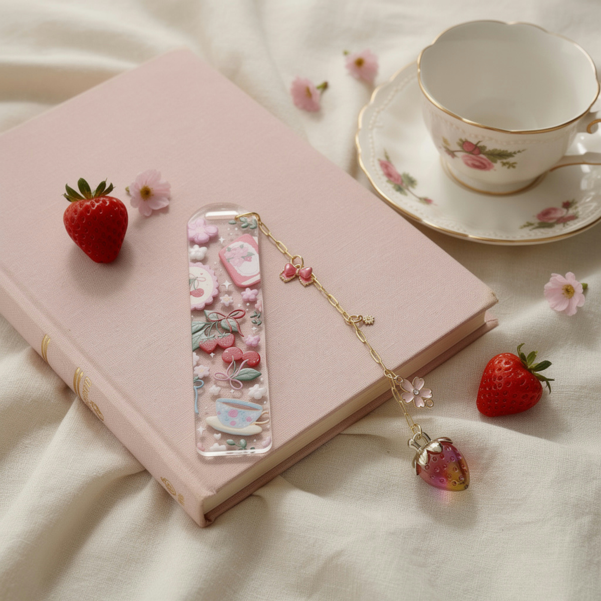 Strawberry Cherry Tea Lover Bookmark with Charms . Floral Tea Book Lover Gift . Tea Lover Bookmark