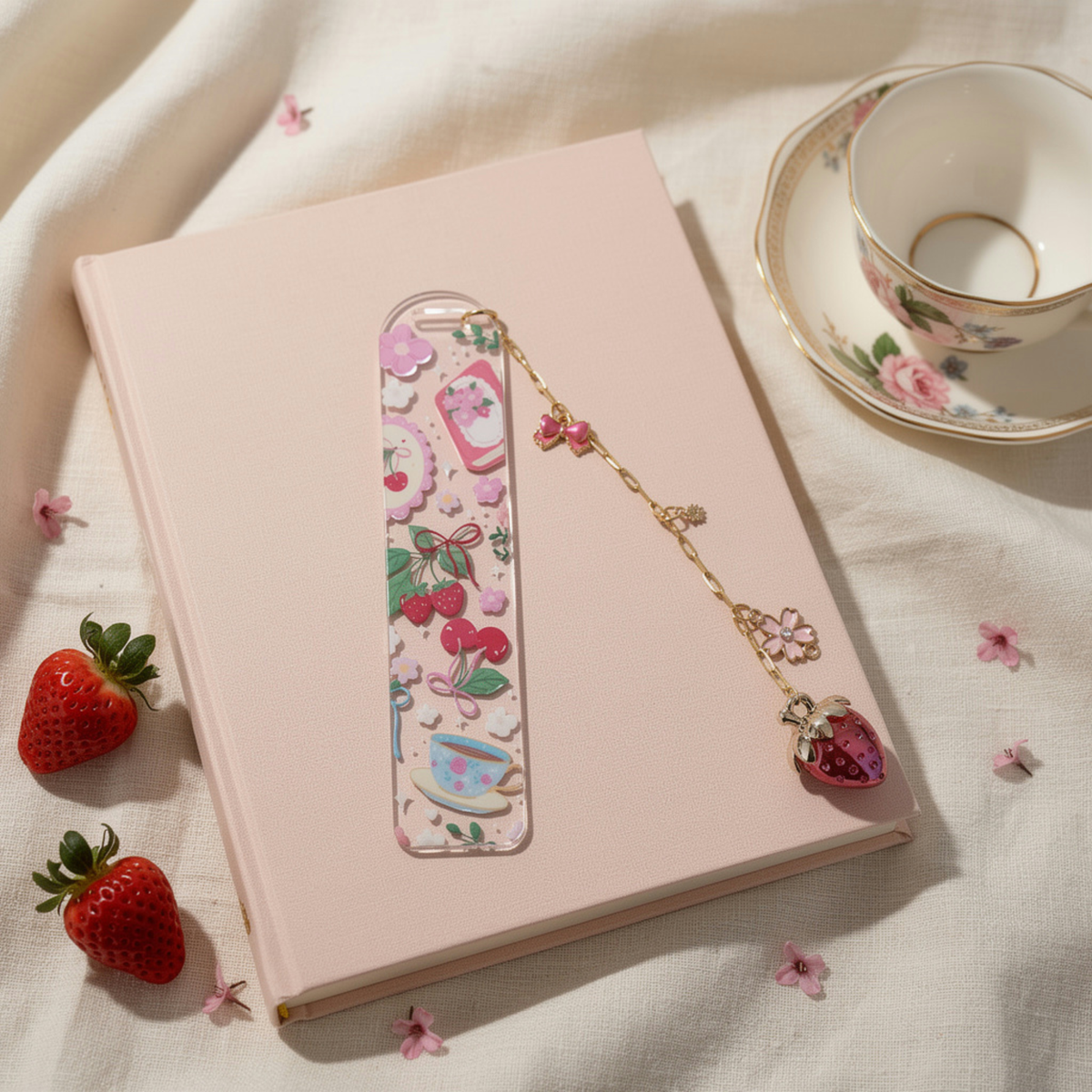 Strawberry Cherry Tea Lover Bookmark with Charms . Floral Tea Book Lover Gift . Tea Lover Bookmark