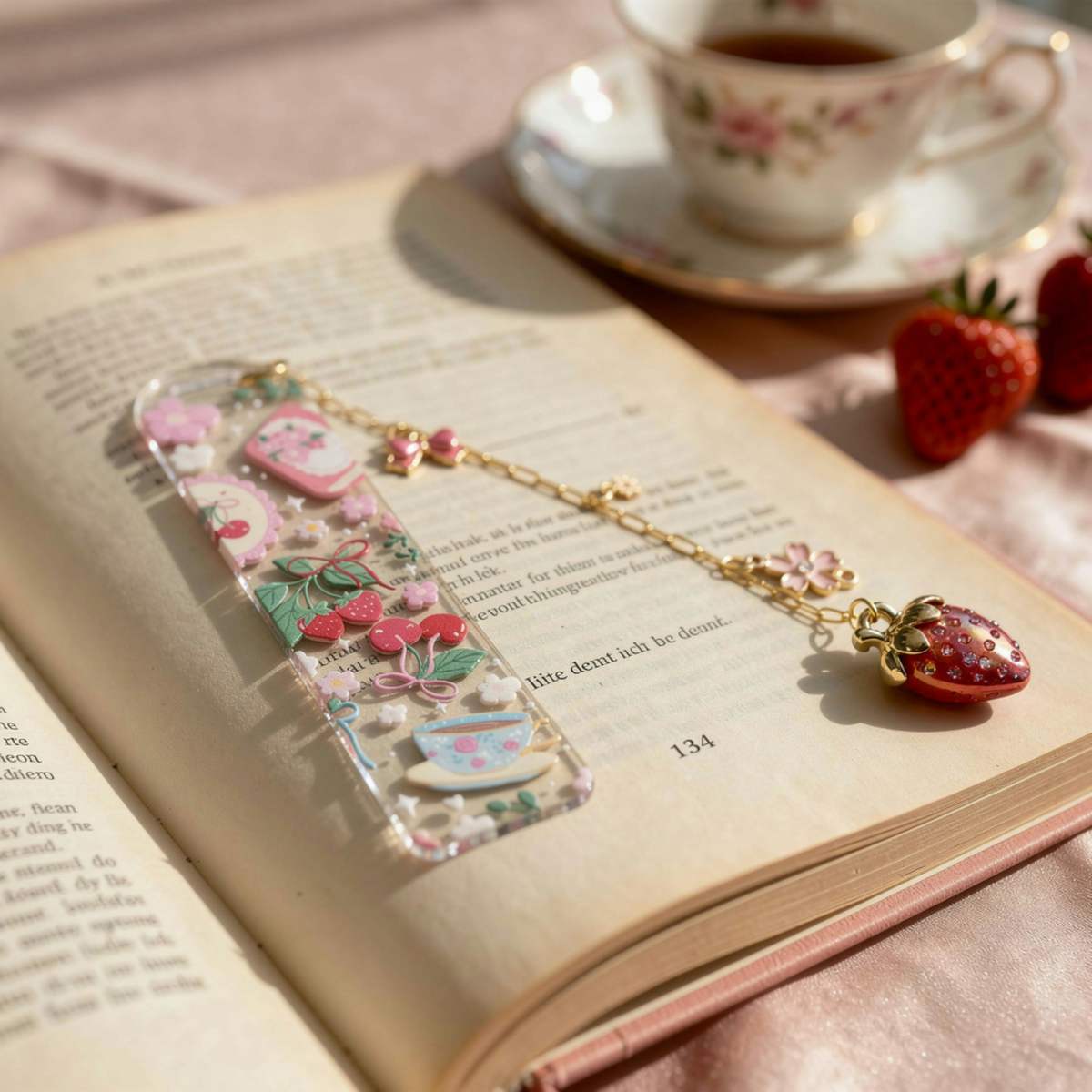 Strawberry Cherry Tea Lover Bookmark with Charms . Floral Tea Book Lover Gift . Tea Lover Bookmark
