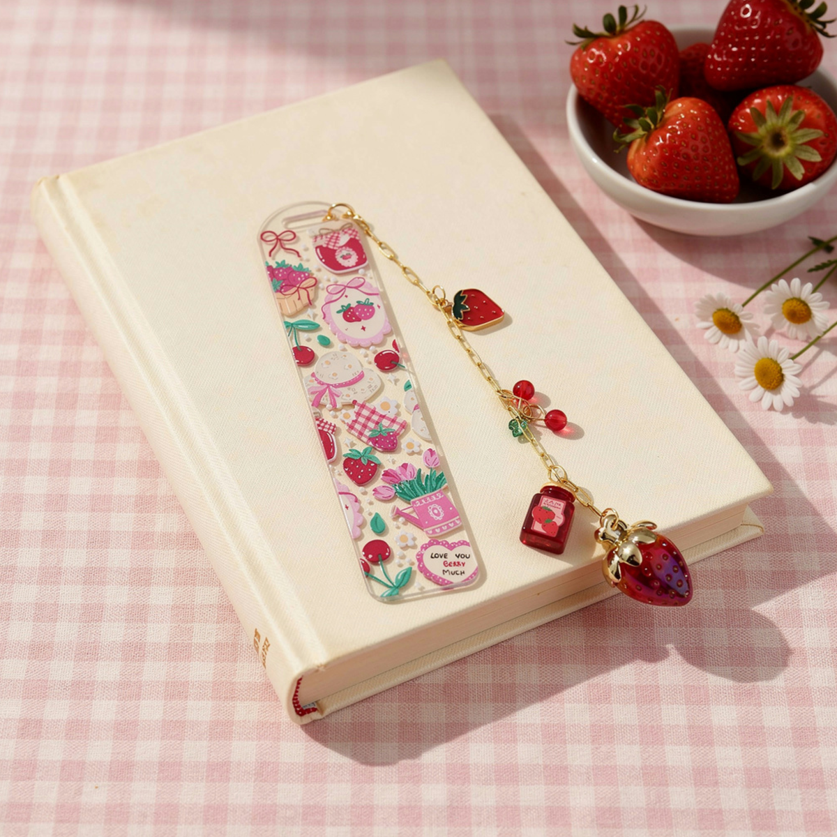 Strawberry Bookmark, Personalised Strawberry Bookmark with Charms, Cute Acrylic Bookmark, Kawaii Fruit Bookmark, Book Lover Gift, Coquette Gift