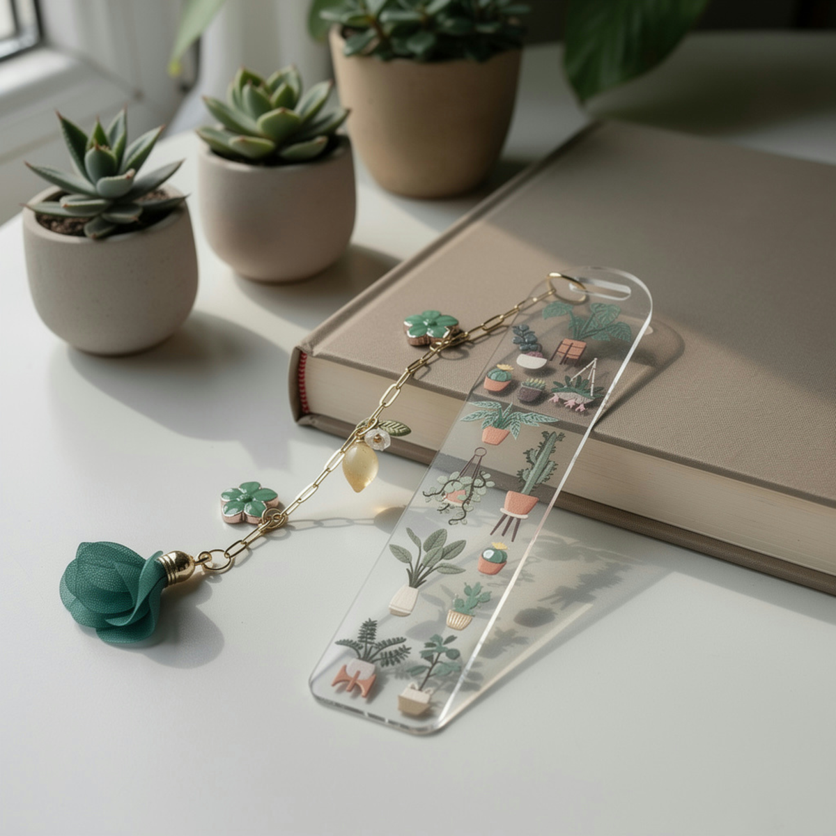Succulents Bookmark with Charms . Plant Bookmark . Plant Lover Gift . Botanical Bookmark . Plant Lover Bookmark