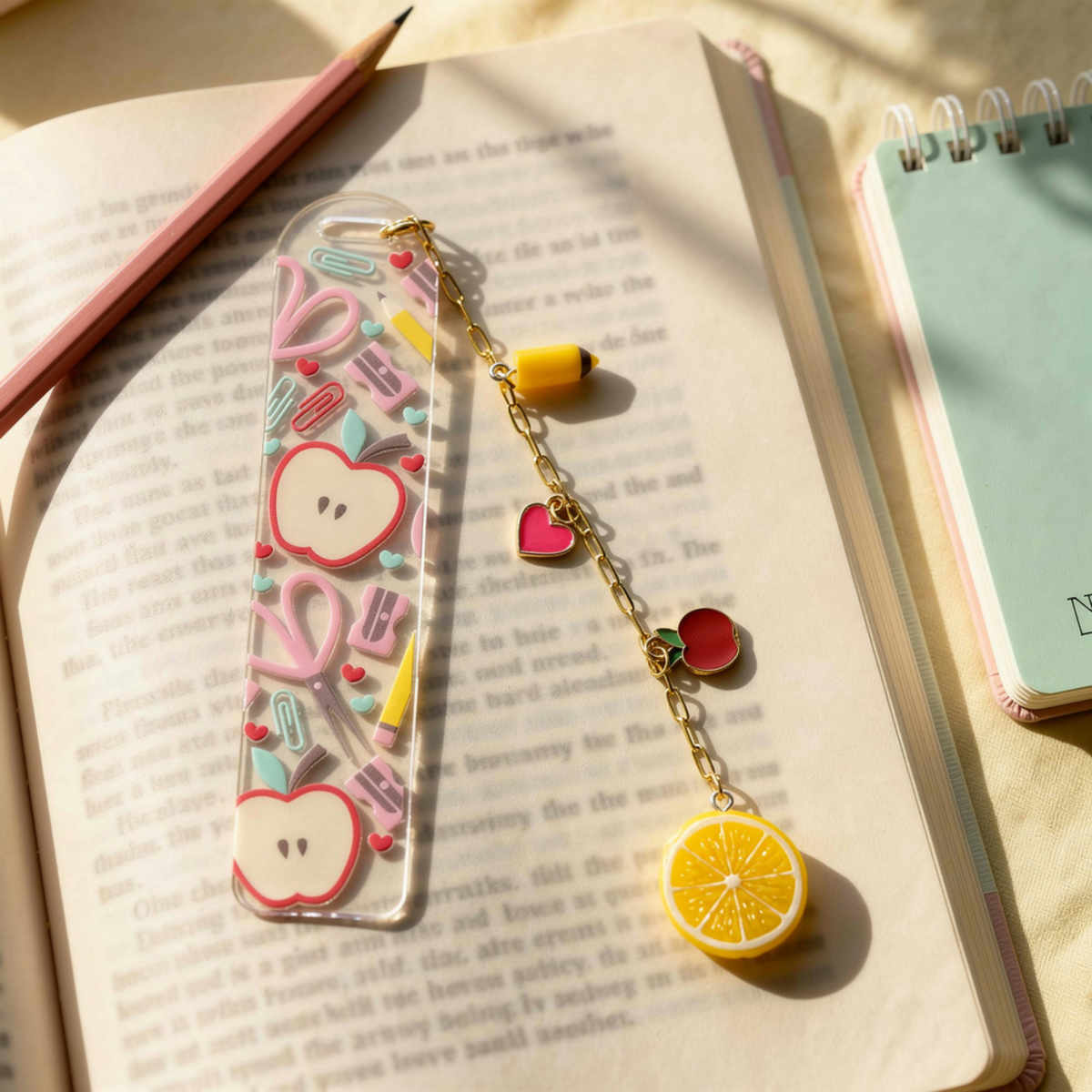 Teacher Bookmark with Charms, Cute Acrylic Bookmark, Teacher Appreciation Gift, Apple Bookmark, End of Year Teacher Gift, Christmas Present