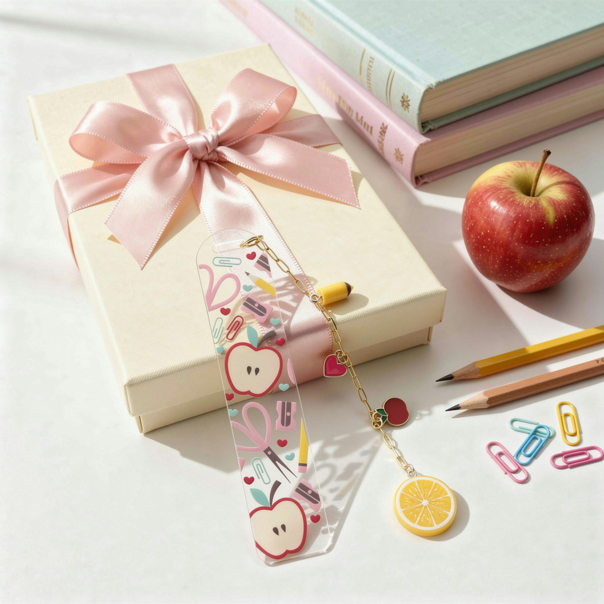 Teacher Bookmark with Charms, Cute Acrylic Bookmark, Teacher Appreciation Gift, Apple Bookmark, End of Year Teacher Gift, Christmas Present