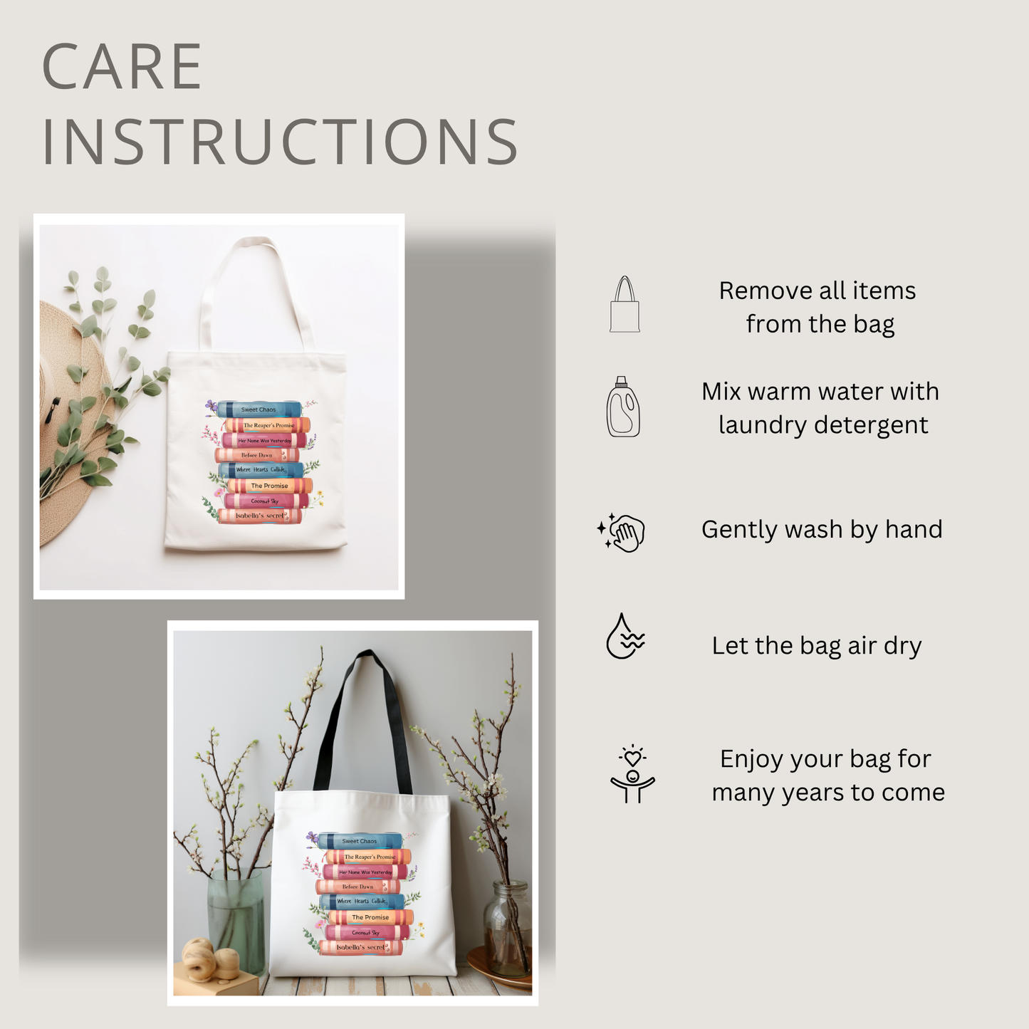 Care Instructions: Book Lover Gift Book Lover Tote Bag