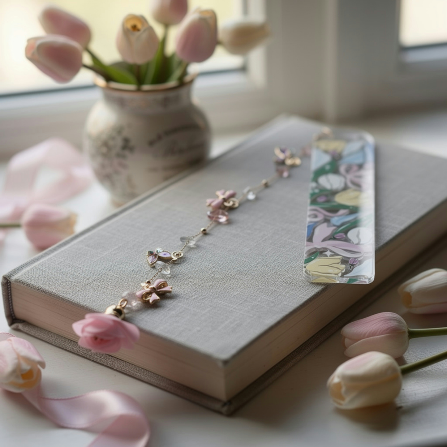 Tulip Bookmark. Floral Tulip Bookmark. Tulips and Bows Bookmark. Tulips Bookmark