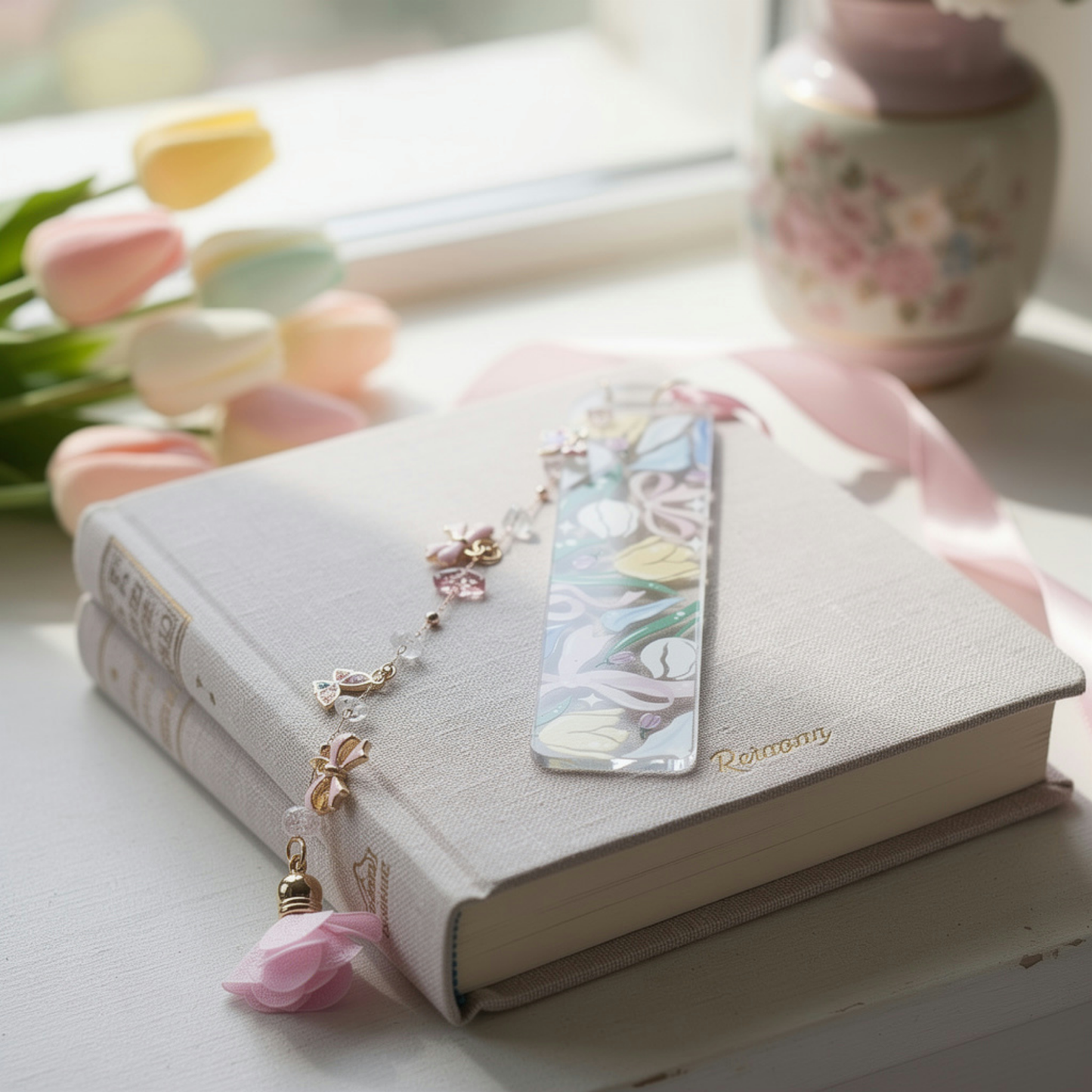 Tulip Bookmark. Floral Tulip Bookmark. Tulips and Bows Bookmark. Tulips Bookmark