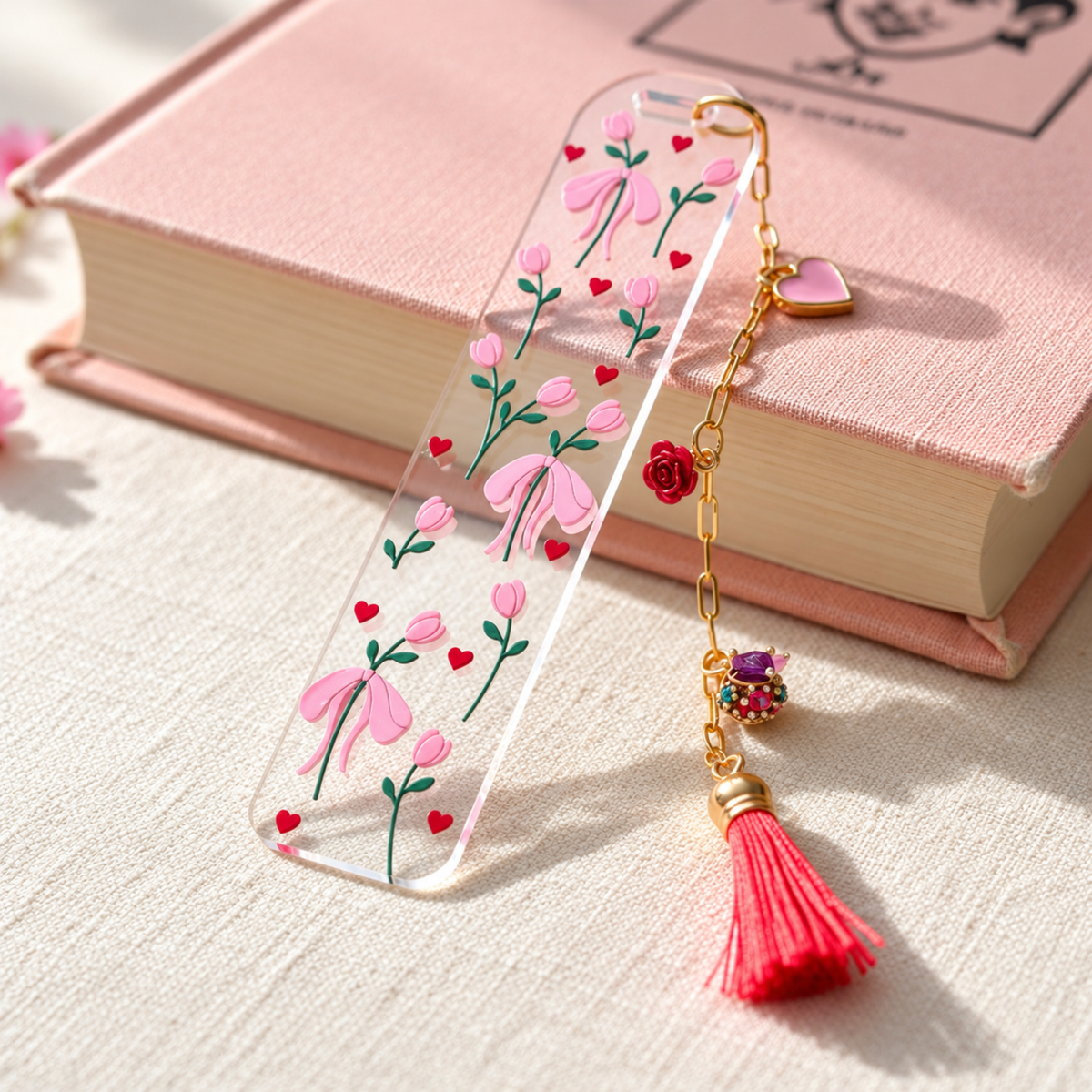 Tulips & Hearts Bookmark with Charms . Tulips Bookmark . Flower Bookmark . Flower Lover Bookmark Gift . Tulip Lover Bookmark Gift