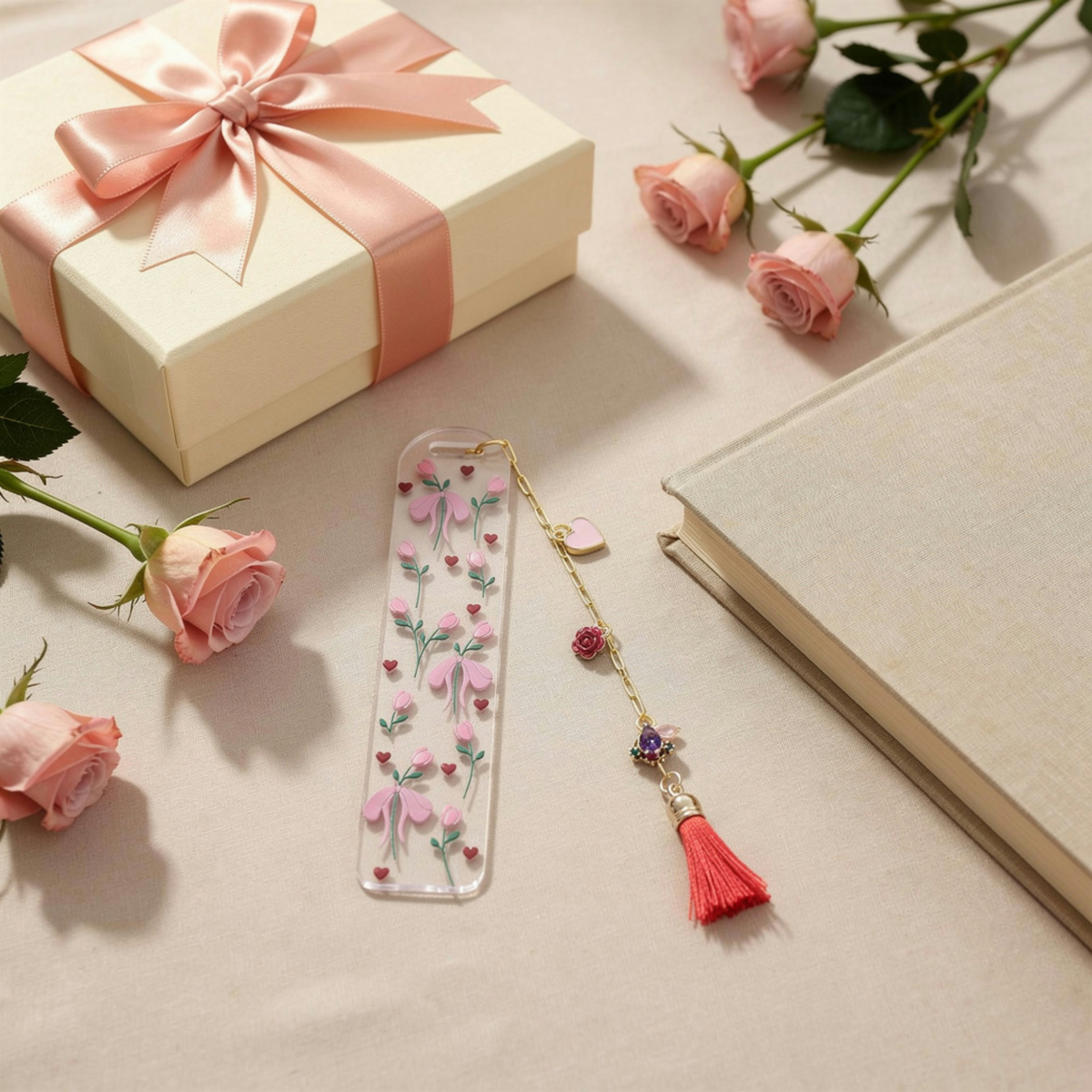 Tulips & Hearts Bookmark with Charms . Tulips Bookmark . Flower Bookmark . Flower Lover Bookmark Gift . Tulip Lover Bookmark Gift
