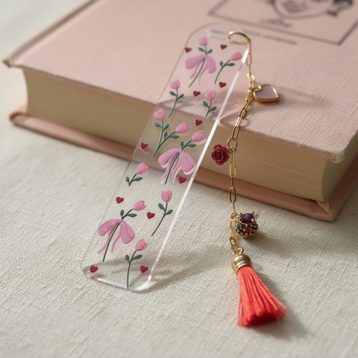 Tulips & Hearts Bookmark with Charms . Tulips Bookmark . Flower Bookmark . Flower Lover Bookmark Gift . Tulip Lover Bookmark Gift