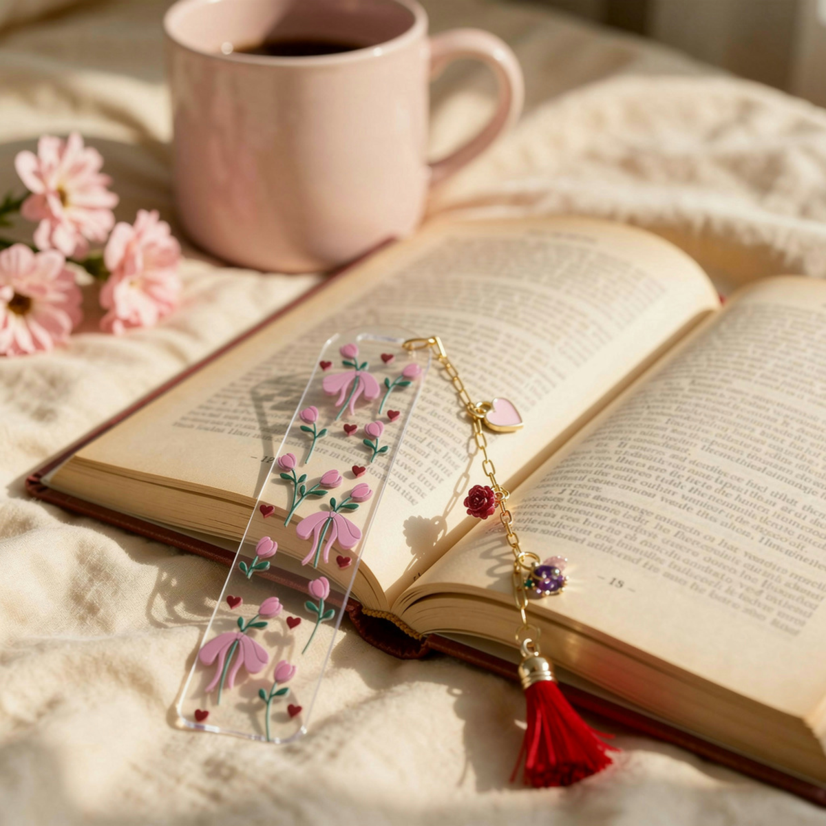 Tulips & Hearts Bookmark with Charms . Tulips Bookmark . Flower Bookmark . Flower Lover Bookmark Gift . Tulip Lover Bookmark Gift