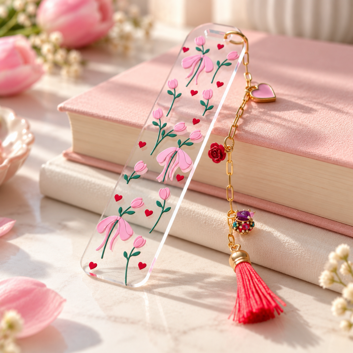 Tulips & Hearts Bookmark with Charms . Tulips Bookmark . Flower Bookmark . Flower Lover Bookmark Gift . Tulip Lover Bookmark Gift
