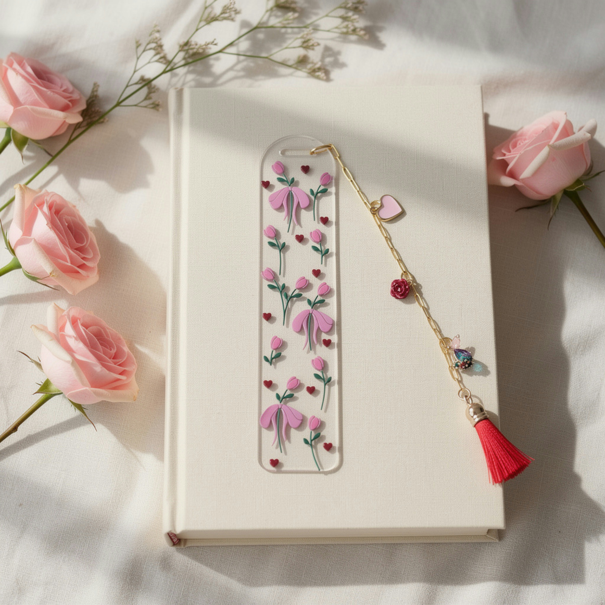 Tulips & Hearts Bookmark with Charms . Tulips Bookmark . Flower Bookmark . Flower Lover Bookmark Gift . Tulip Lover Bookmark Gift