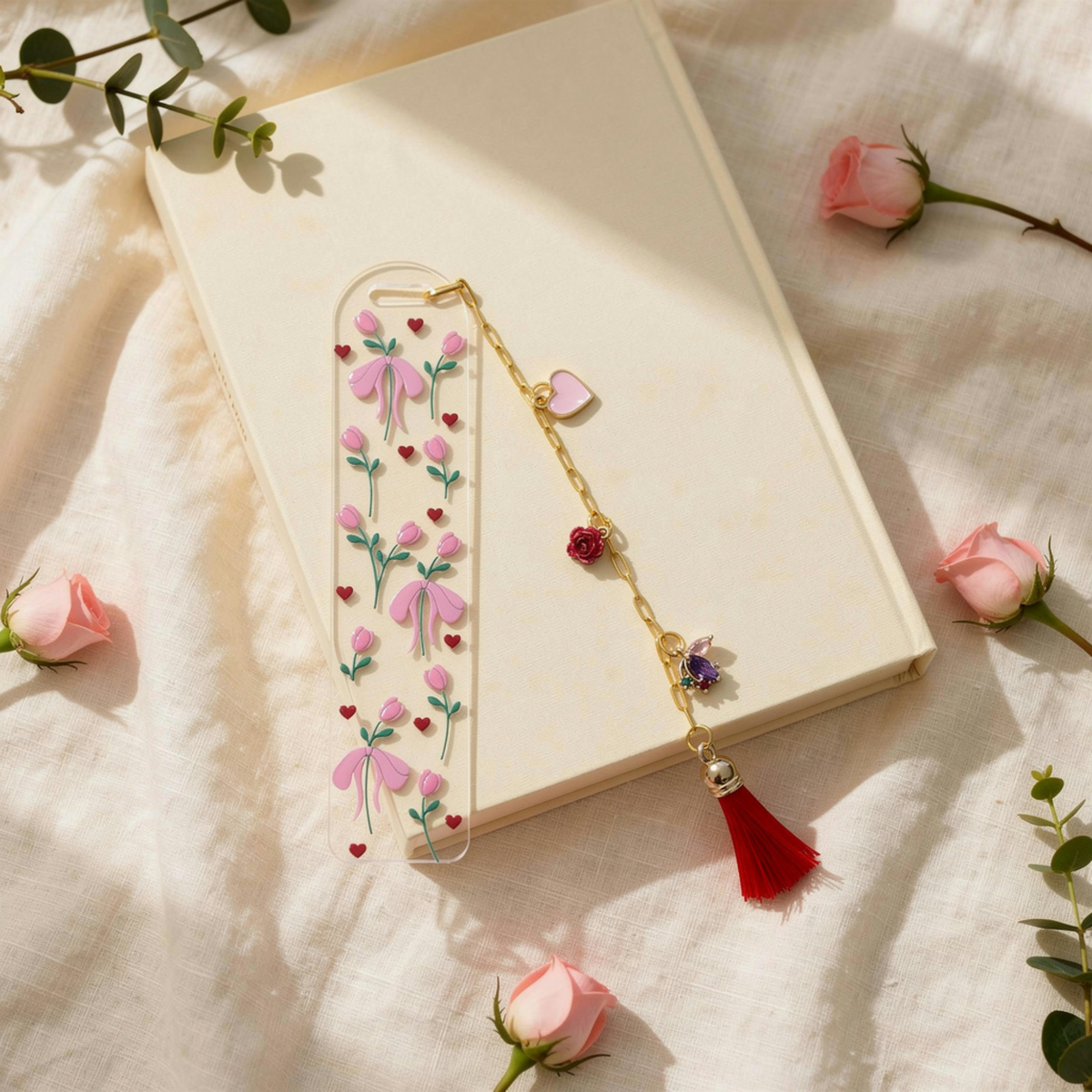 Tulips & Hearts Bookmark with Charms . Tulips Bookmark . Flower Bookmark . Flower Lover Bookmark Gift . Tulip Lover Bookmark Gift