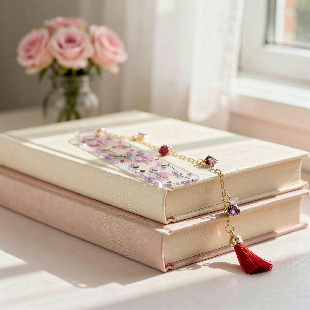 Tulips & Hearts Bookmark with Charms . Tulips Bookmark . Flower Bookmark . Flower Lover Bookmark Gift . Tulip Lover Bookmark Gift