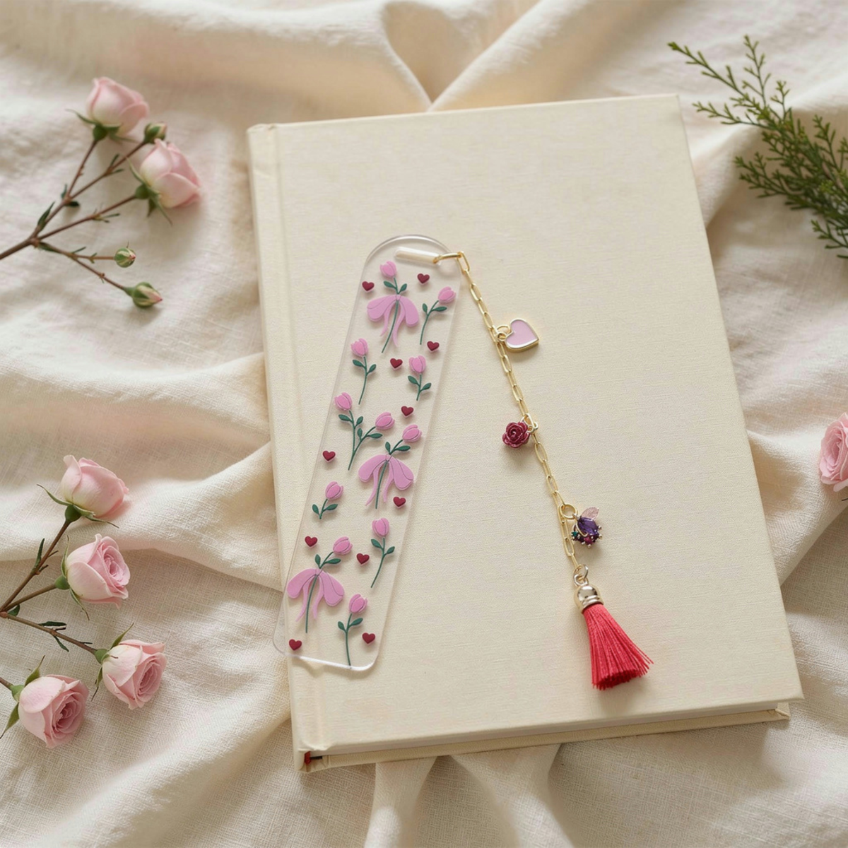 Tulips & Hearts Bookmark with Charms . Tulips Bookmark . Flower Bookmark . Flower Lover Bookmark Gift . Tulip Lover Bookmark Gift
