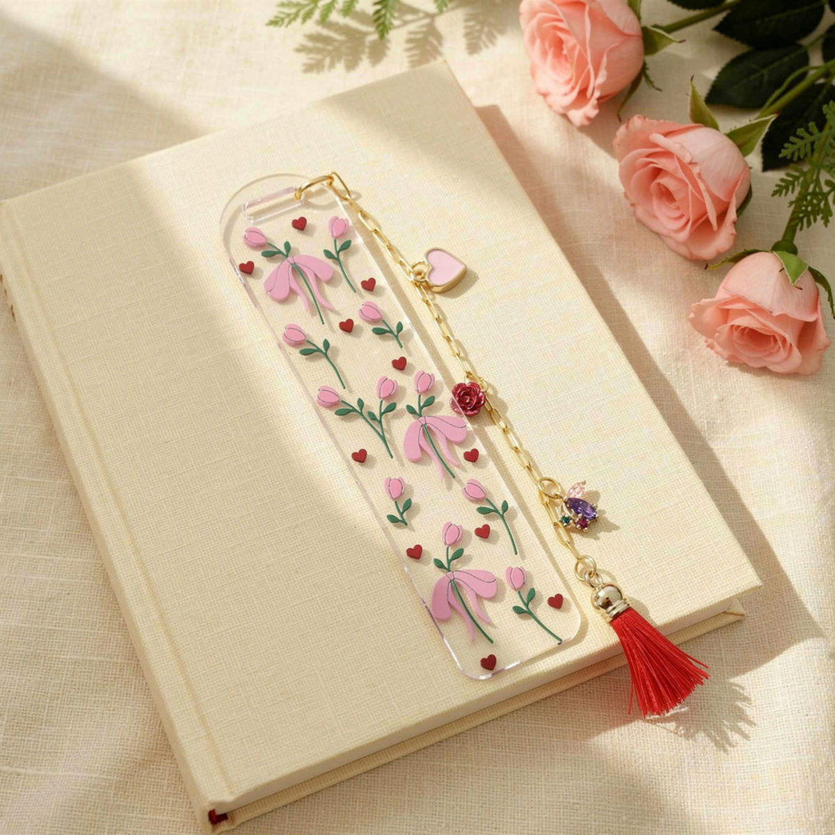 Tulips & Hearts Bookmark with Charms . Tulips Bookmark . Flower Bookmark . Flower Lover Bookmark Gift . Tulip Lover Bookmark Gift