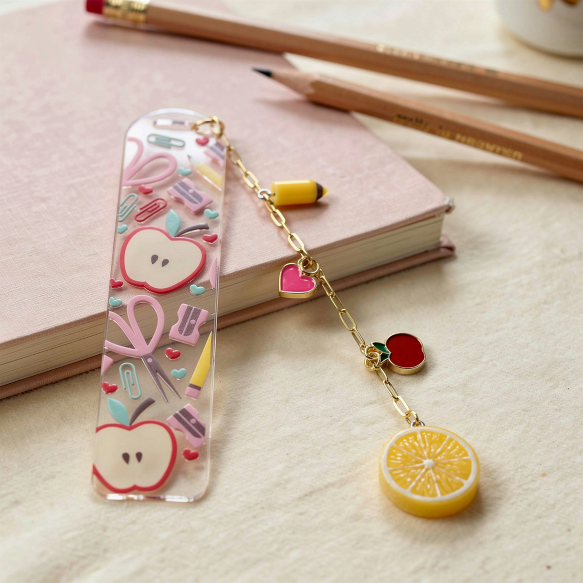 Teacher Bookmark with Charms, Cute Acrylic Bookmark, Teacher Appreciation Gift, Apple Bookmark, End of Year Teacher Gift, Christmas Present