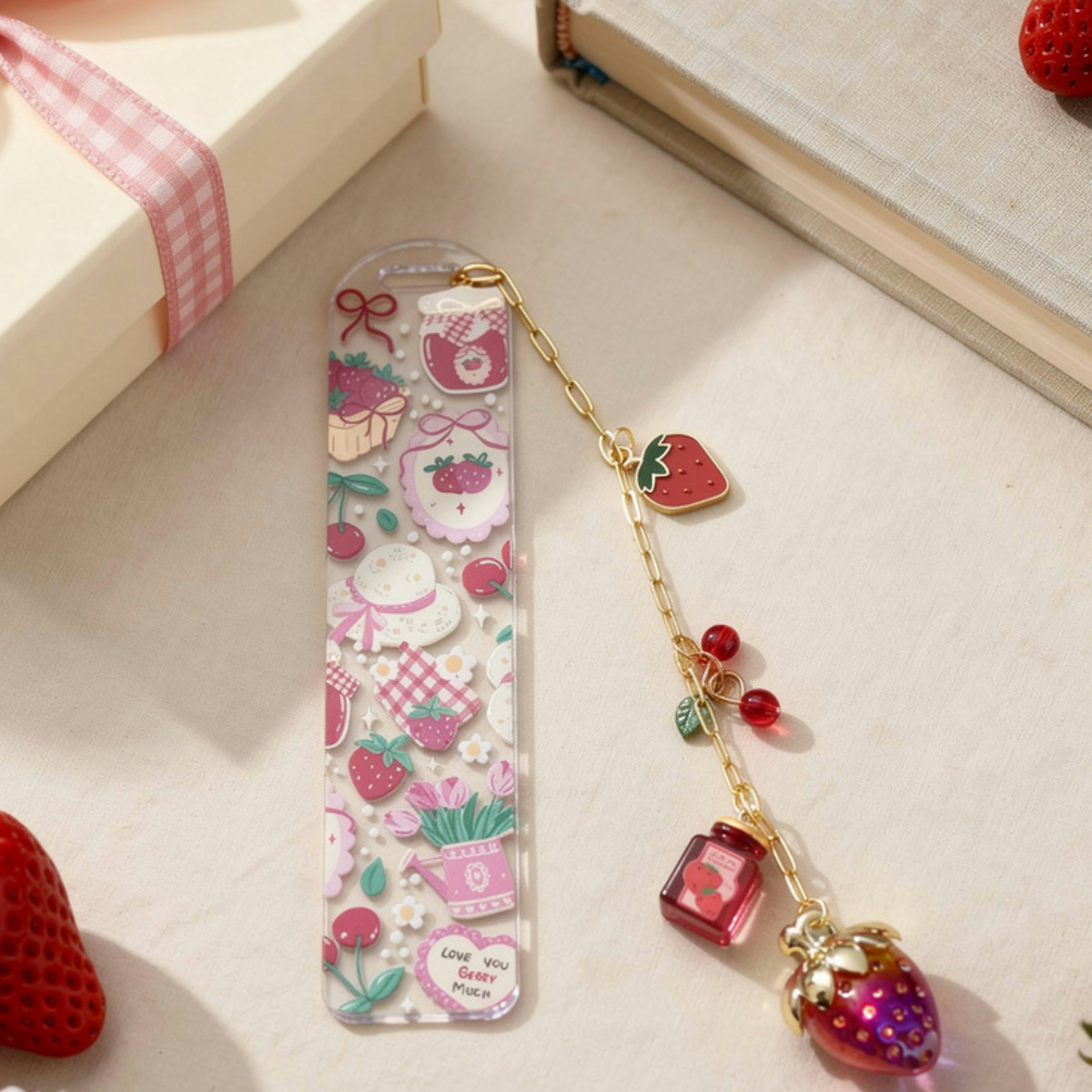 Strawberry Bookmark, Personalised Strawberry Bookmark with Charms, Cute Acrylic Bookmark, Kawaii Fruit Bookmark, Book Lover Gift, Coquette Gift