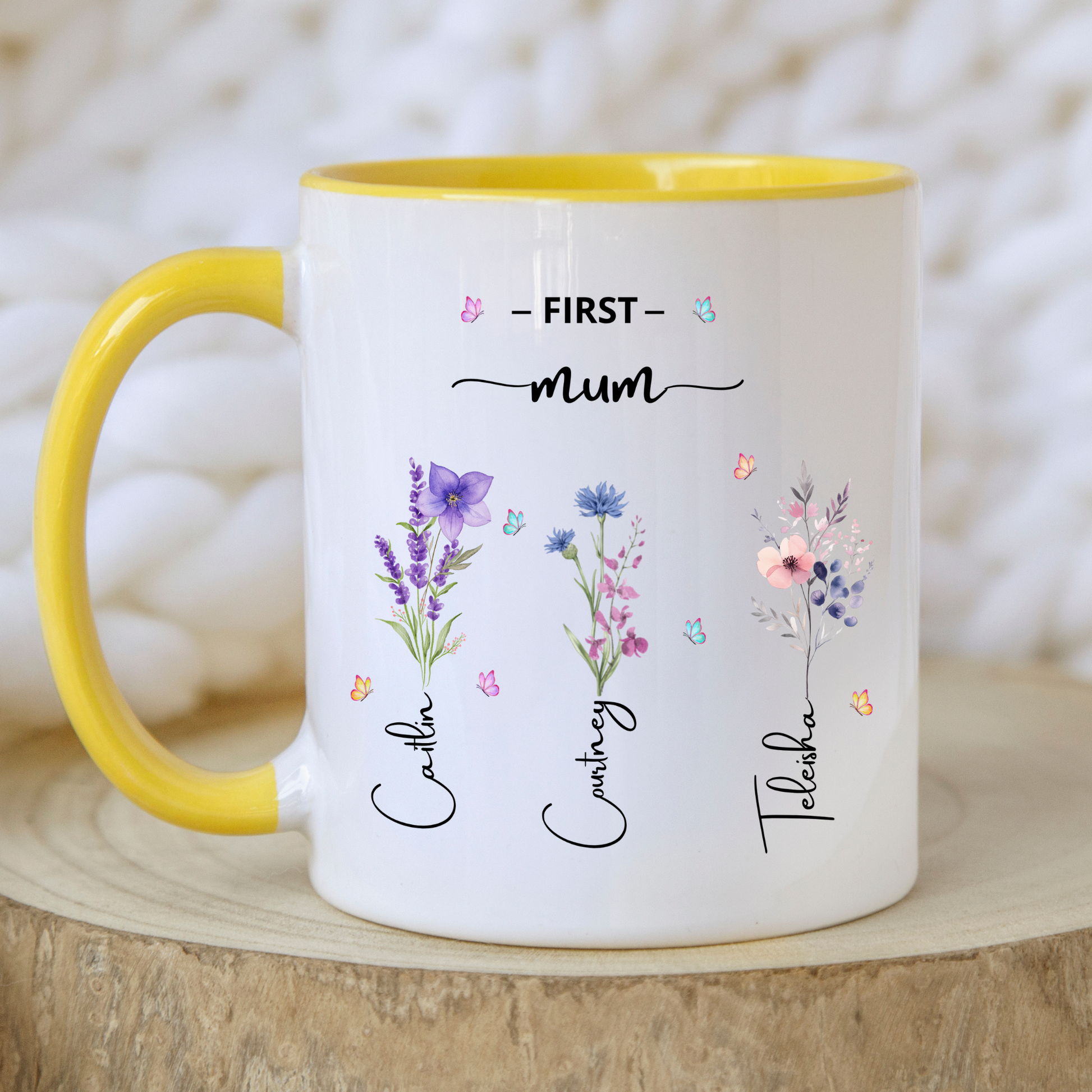 Personalised grandma mug with flower letters representing kids and grandkids, meaningful coffee mug gift for grandma
