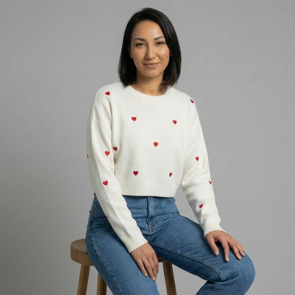 White Crop Jumper with Red Hearts