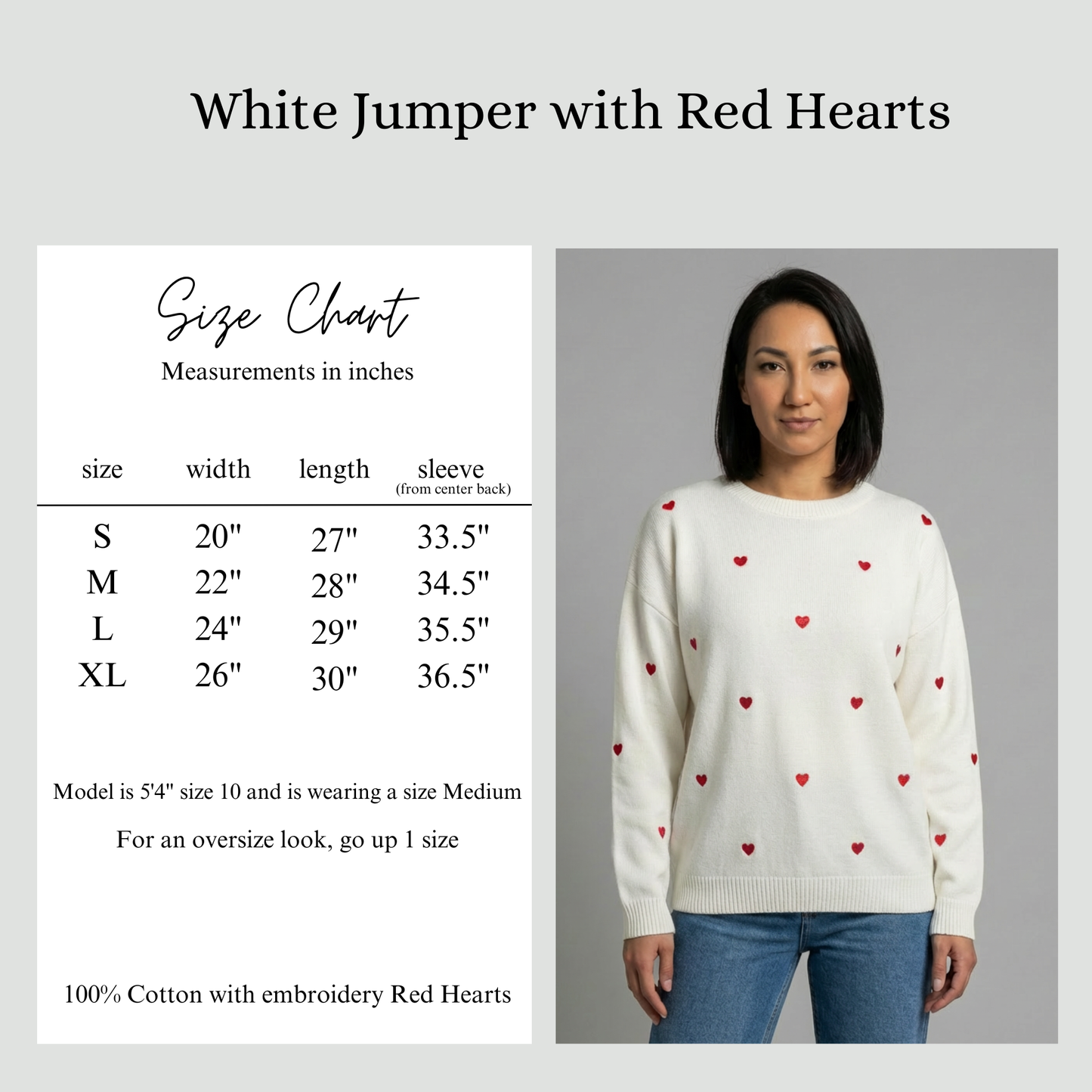 Sizing chart for white jumper with red hearts