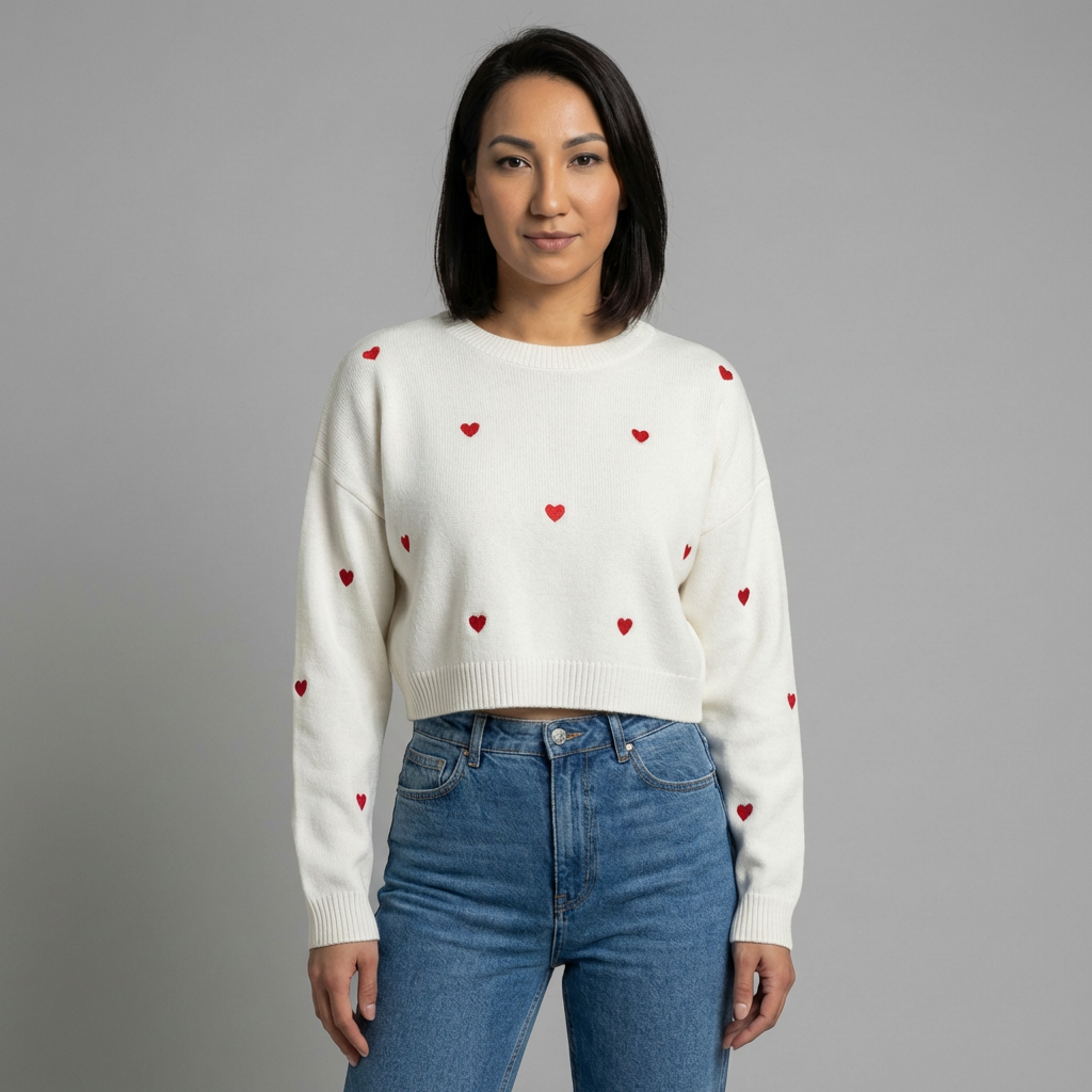 White Crop Jumper with Red Hearts
