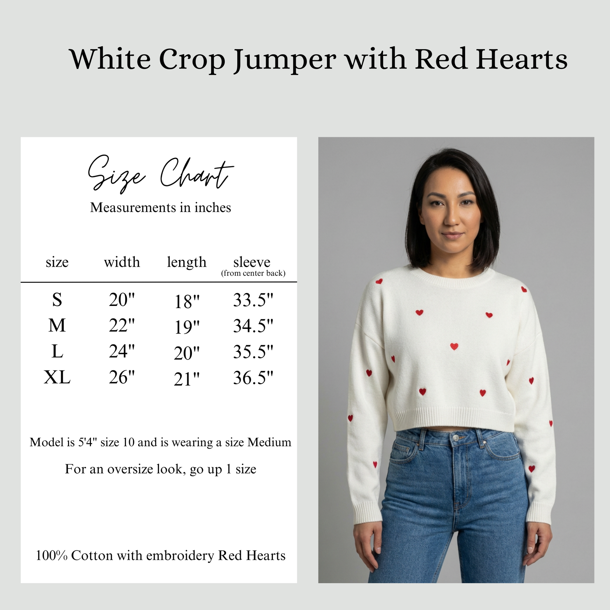 Sizing chart for white crop jumper with red hearts