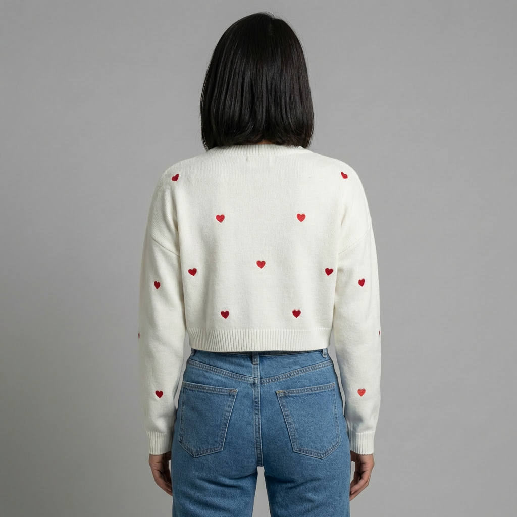 White Crop Jumper with Red Hearts