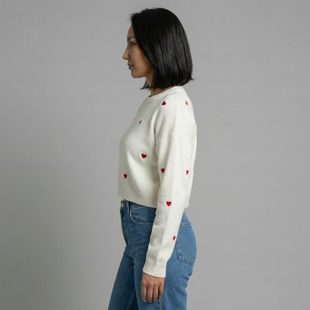 White Crop Jumper with Red Hearts