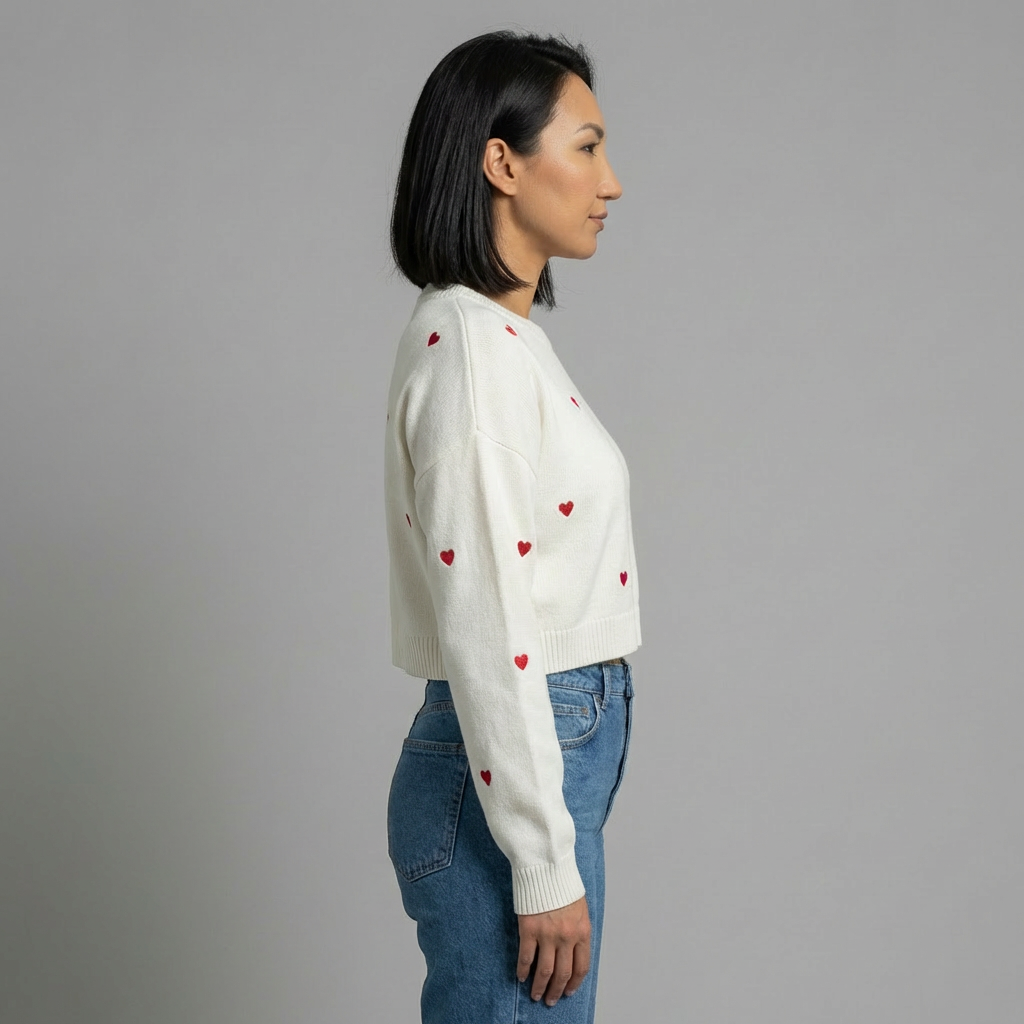 White Crop Jumper with Red Hearts