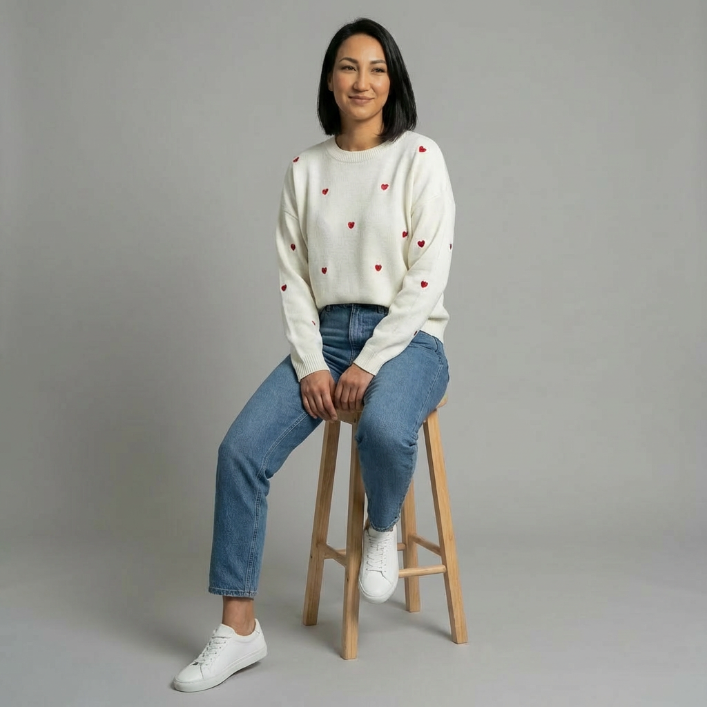 White jumper with red hearts