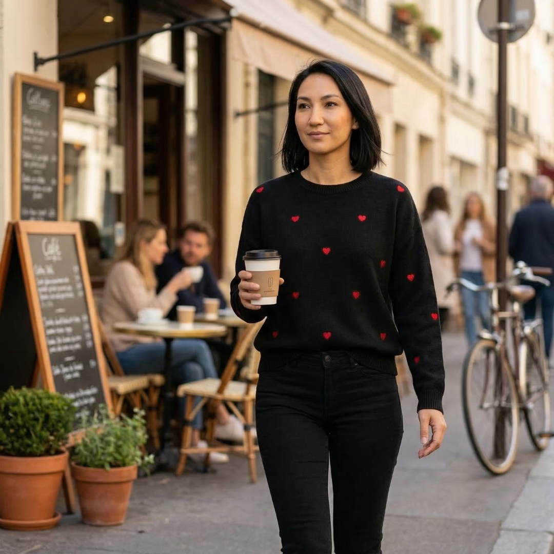 black jumper with hearts