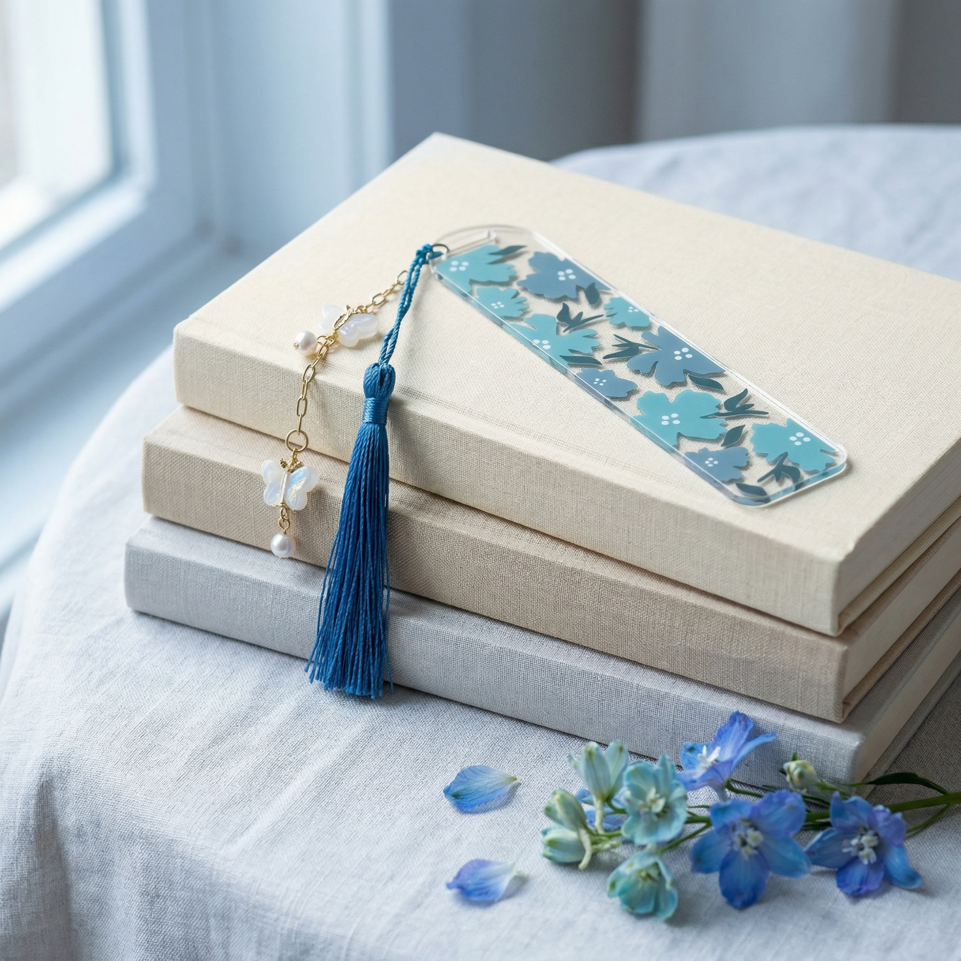 Blue Floral Acrylic Bookmark with Tassel