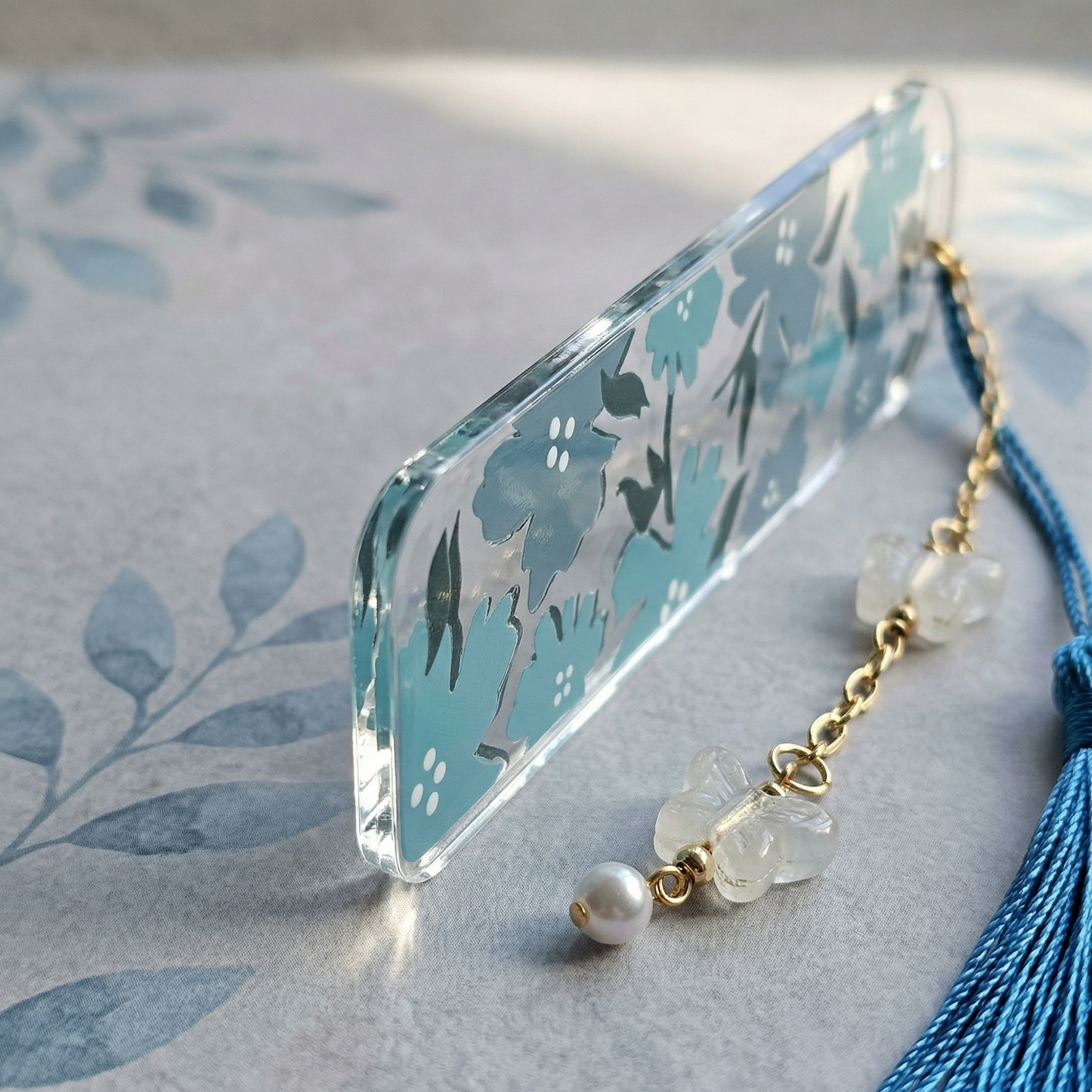 Blue Floral Acrylic Bookmark with Tassel