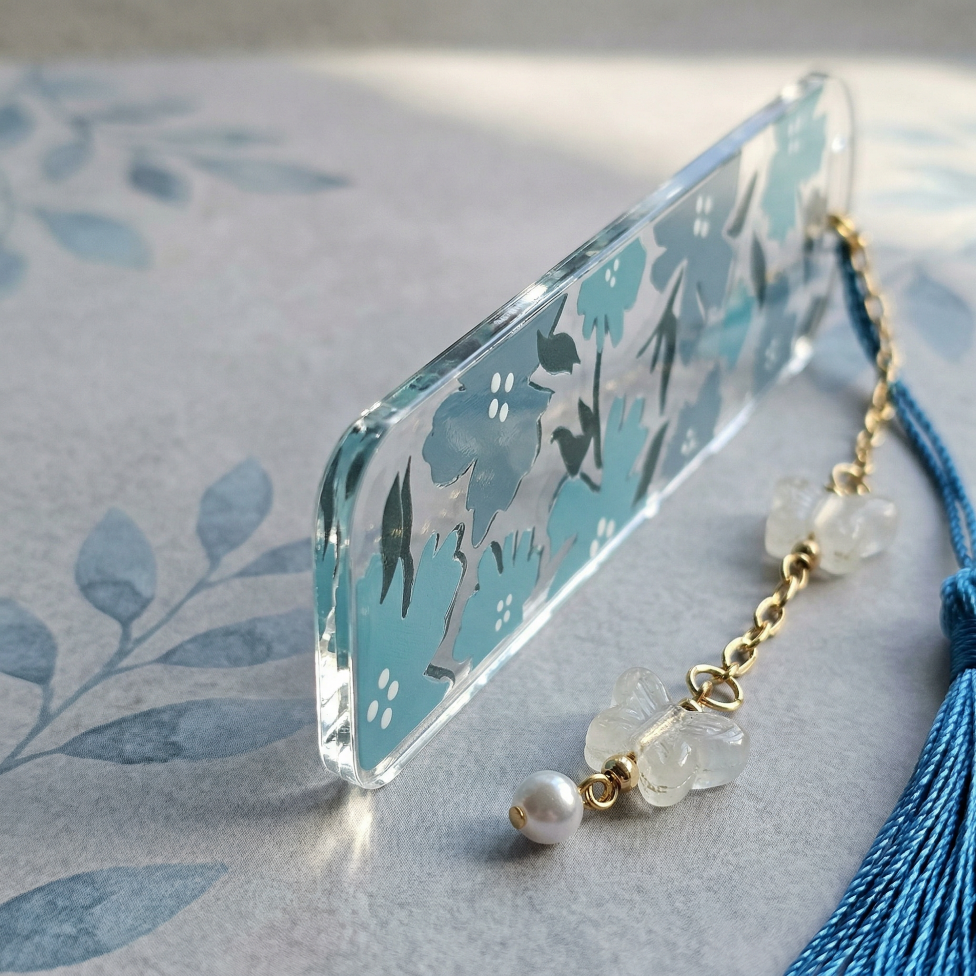 Blue Floral Acrylic Bookmark with Tassel