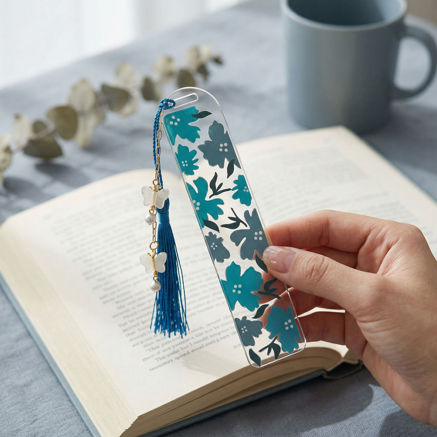 Blue Floral Acrylic Bookmark with Tassel